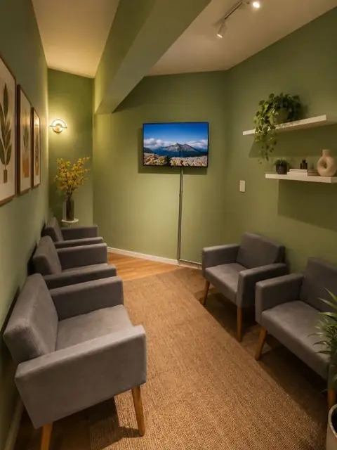 Recepção com poltronas cinza, plantas, prateleiras decorativas e televisão na parede verde