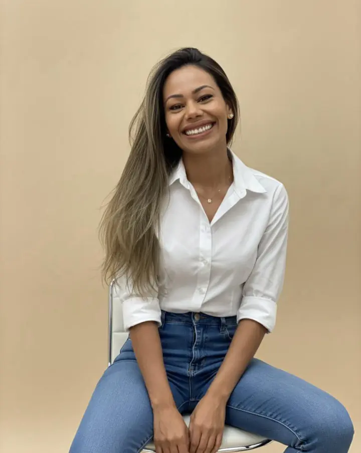 Larissa Fleury, neuropsicopedagoga, sorrindo, de camisa branca