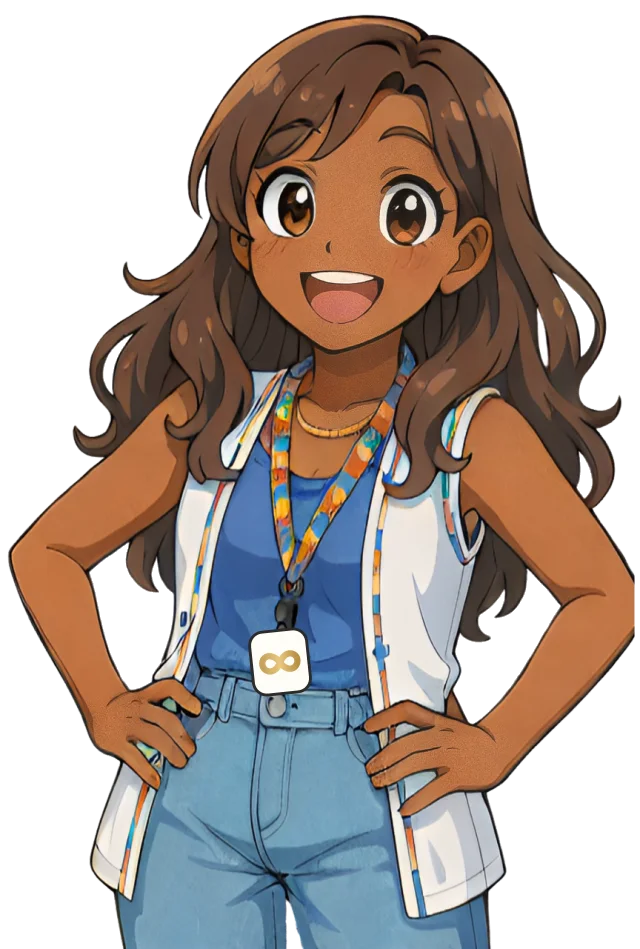 Ilustração da personagem do Projeto Pequenos Brilhantes: uma menina sorridente, de mãos na cintura