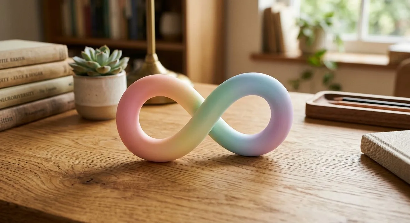 Símbolo do infinito em cores pastel do arco-íris sobre uma mesa de madeira, representando a neurodiversidade
