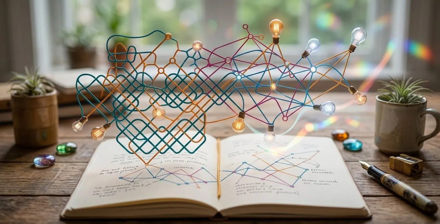 Caderno aberto com linhas coloridas e lâmpadas acesas saindo das páginas, representando o fluxo de pensamento no TDAH